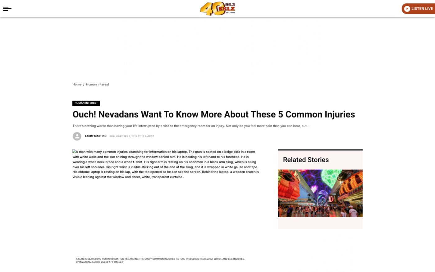 Common Injuries: Top 5 Nevadans Are Googling on 96.3 KKLZ