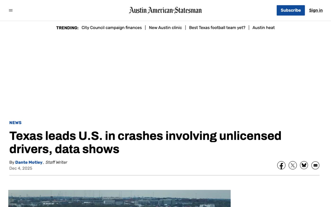Texas leads in crashes by unlicensed drivers, data shows on Austin American-Statesman