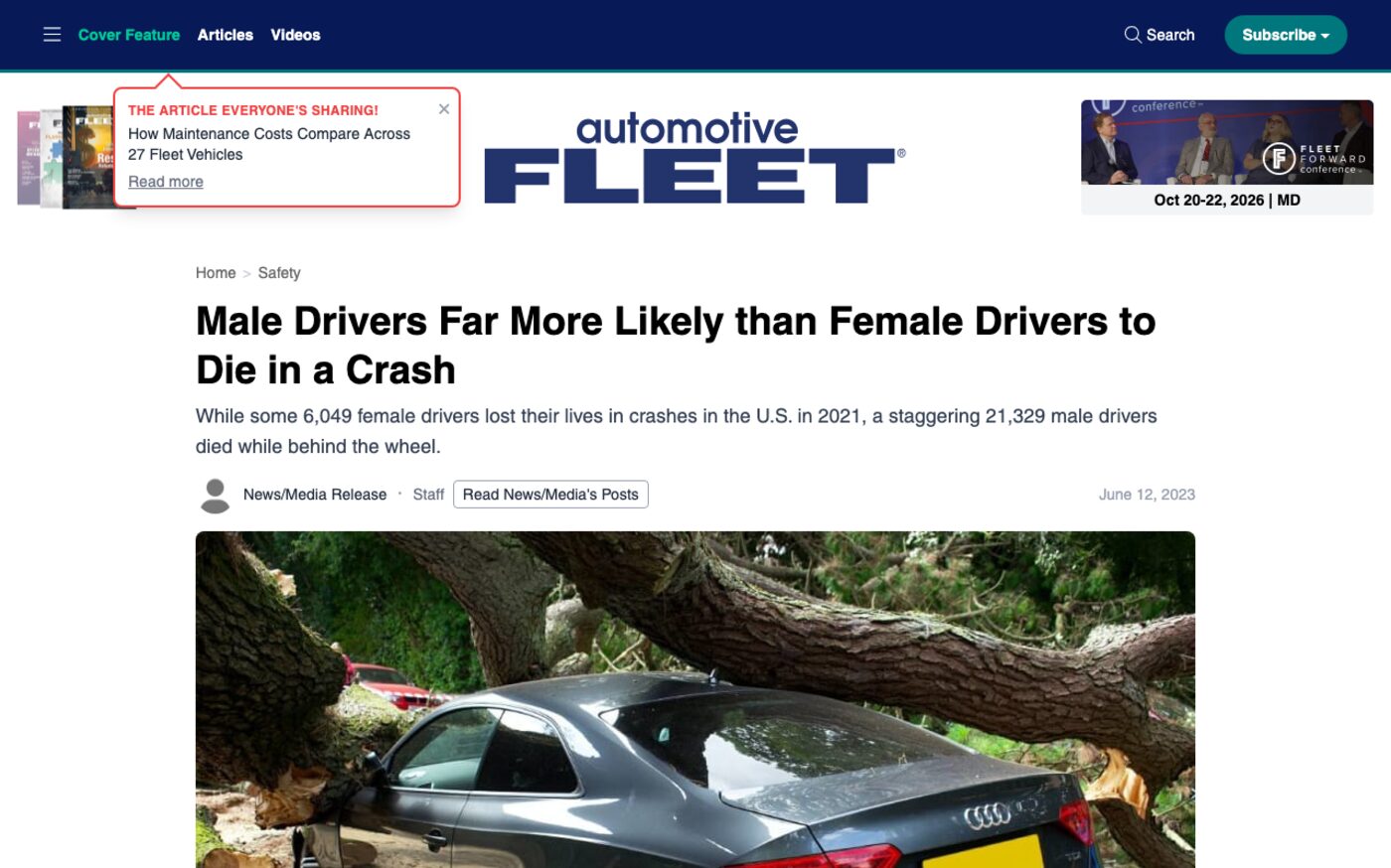 Male Drivers Far More Likely than Female Drivers to Die in a Crash on Automotive Fleet