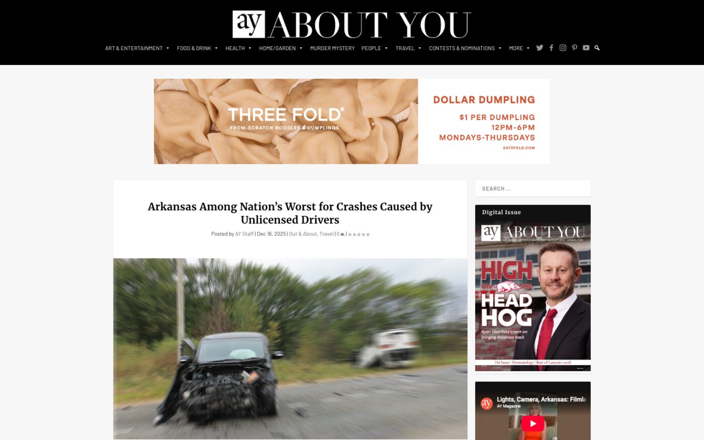 Arkansas Among Nation’s Worst for Crashes Caused by Unlicensed Drivers on AY Magazine
