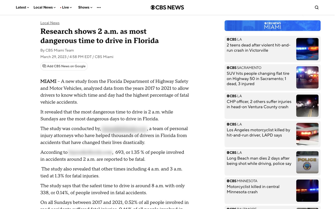 Research shows 2 a.m. as most dangerous time to drive in Florida on CBS News