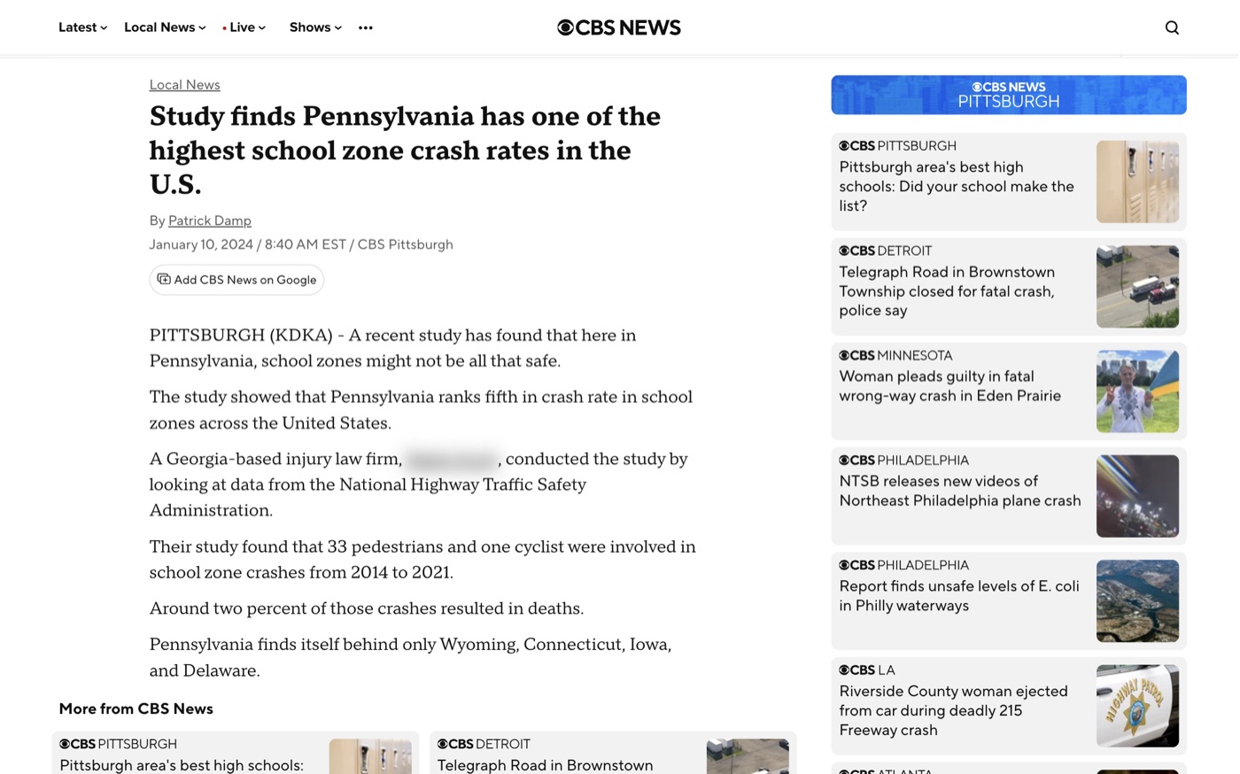 Study finds Pennsylvania has one of the highest school zone crash rates in the U.S. on CBS News