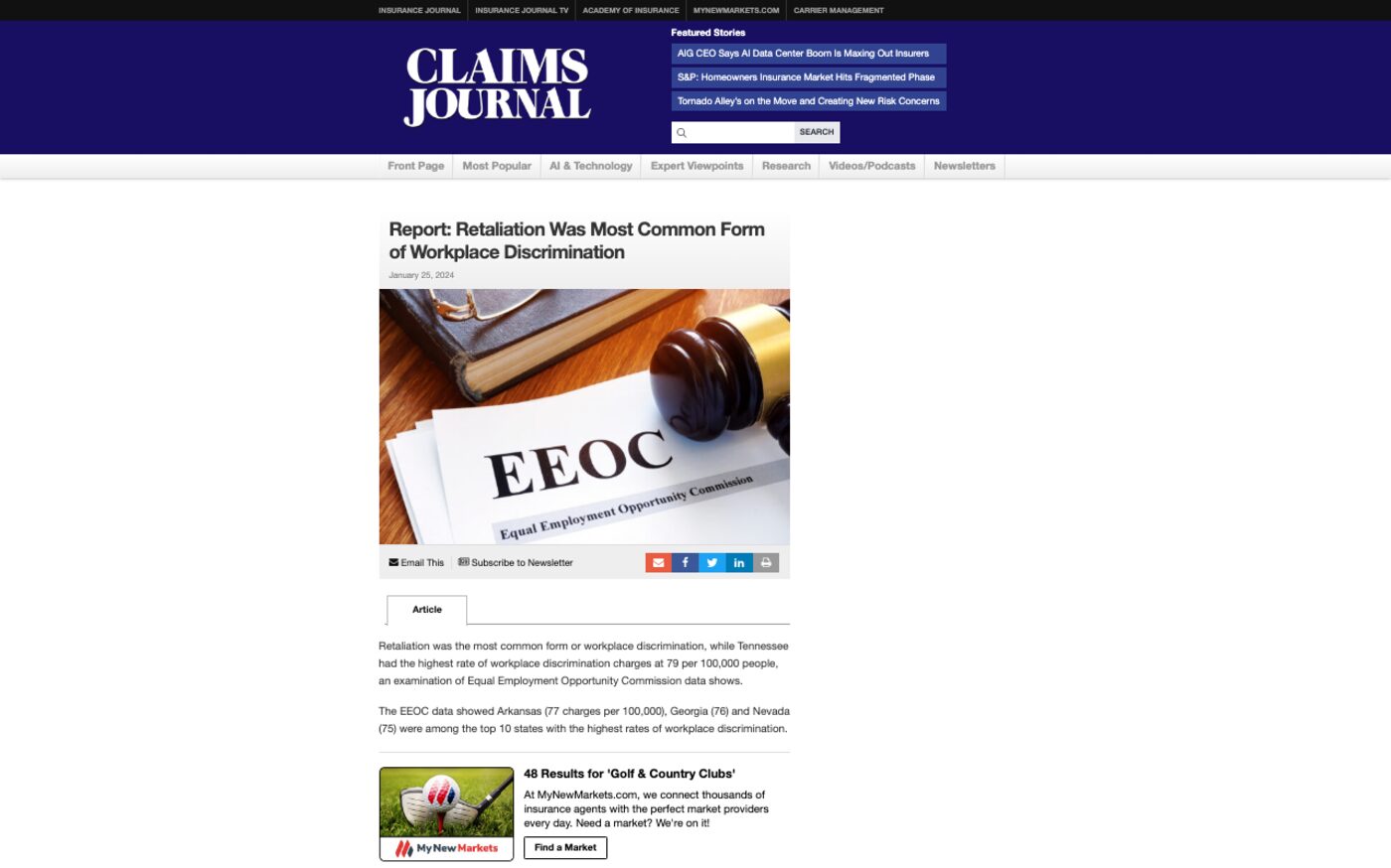 Report: Retaliation Was Most Common Form of Workplace Discrimination on Claims Journal