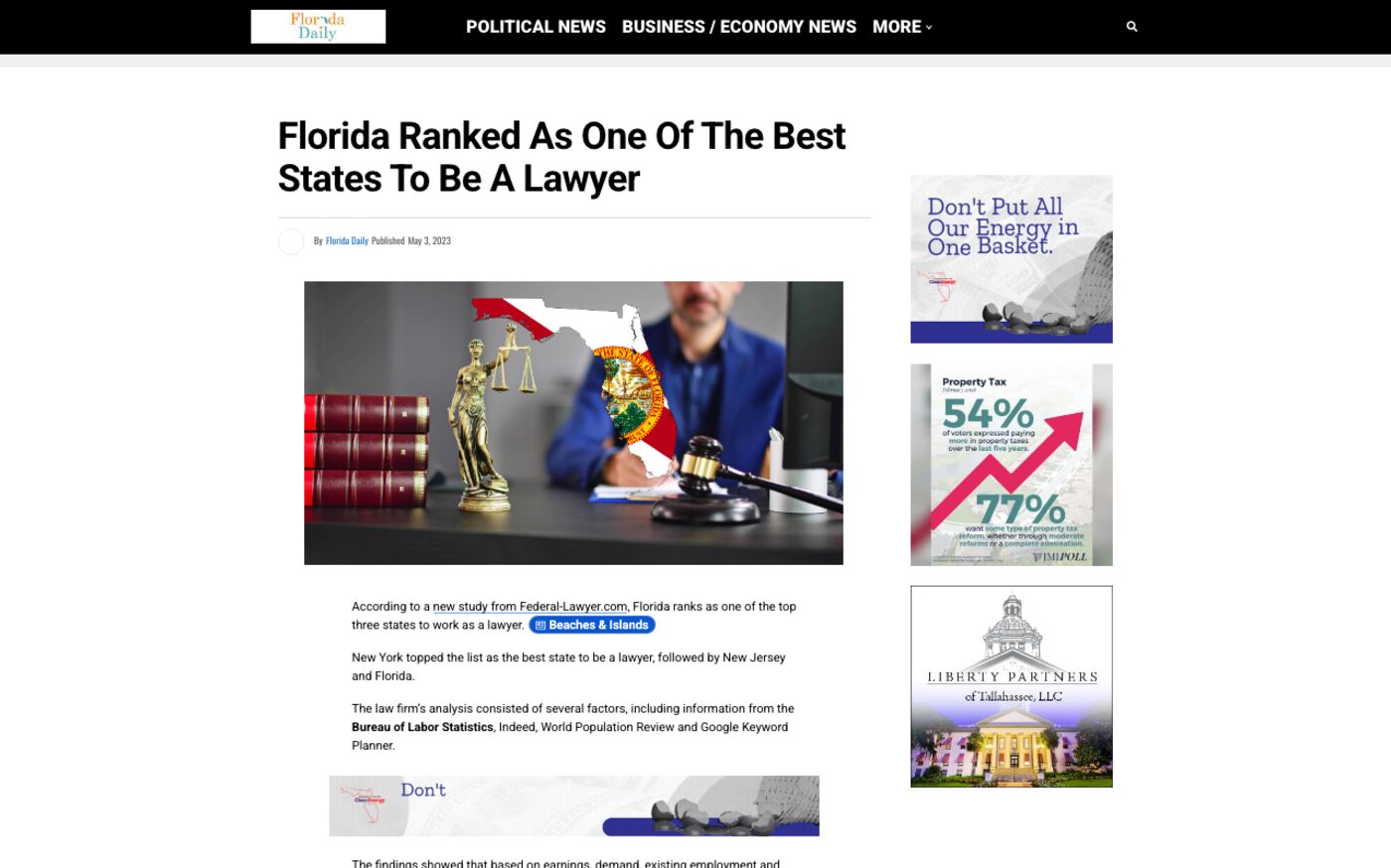 Florida Ranked as One of the Best States to be a Lawyer on Florida Daily