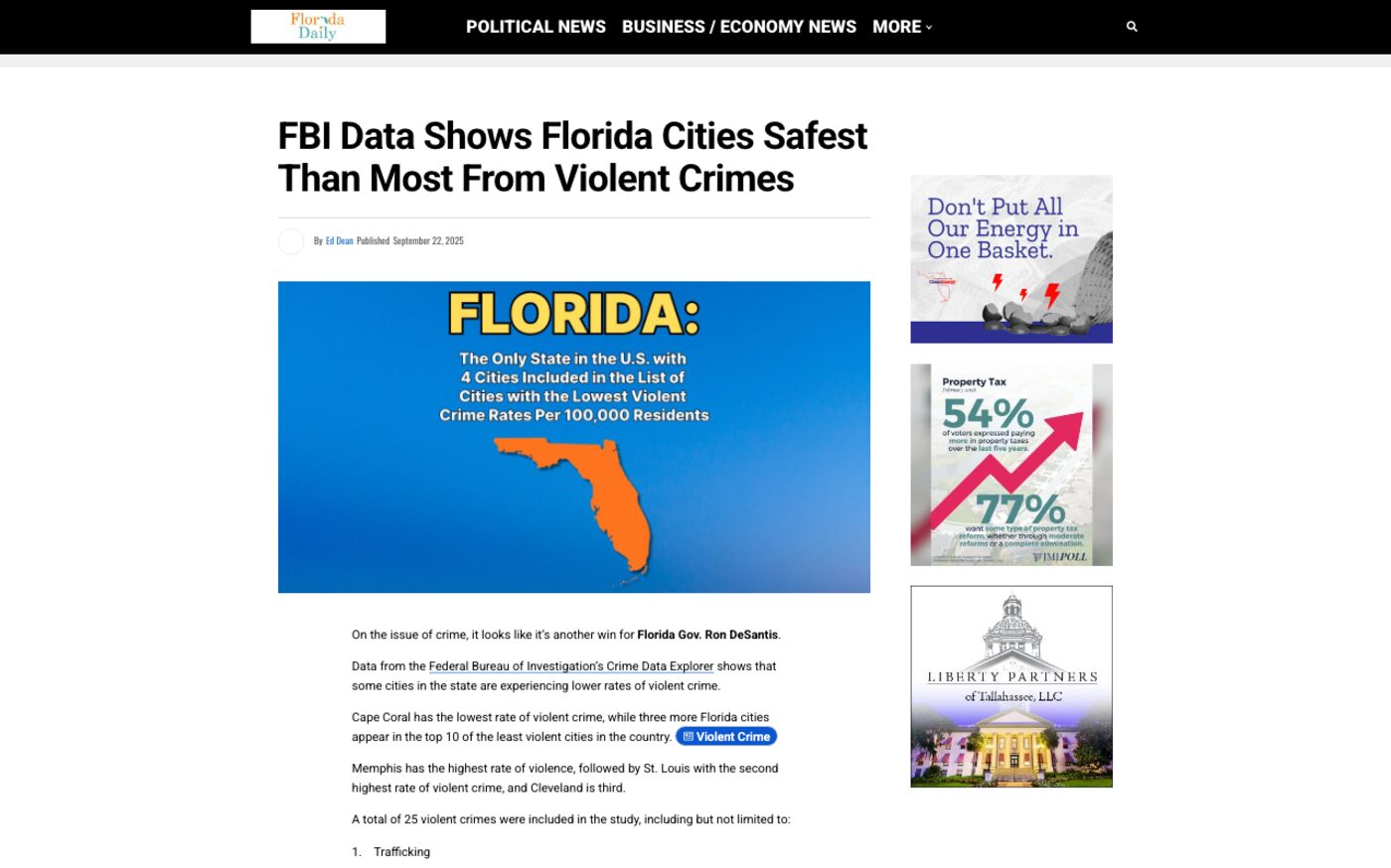 FBI Data Shows Florida Cities Safest Than Most from Violent Crimes on Florida Daily