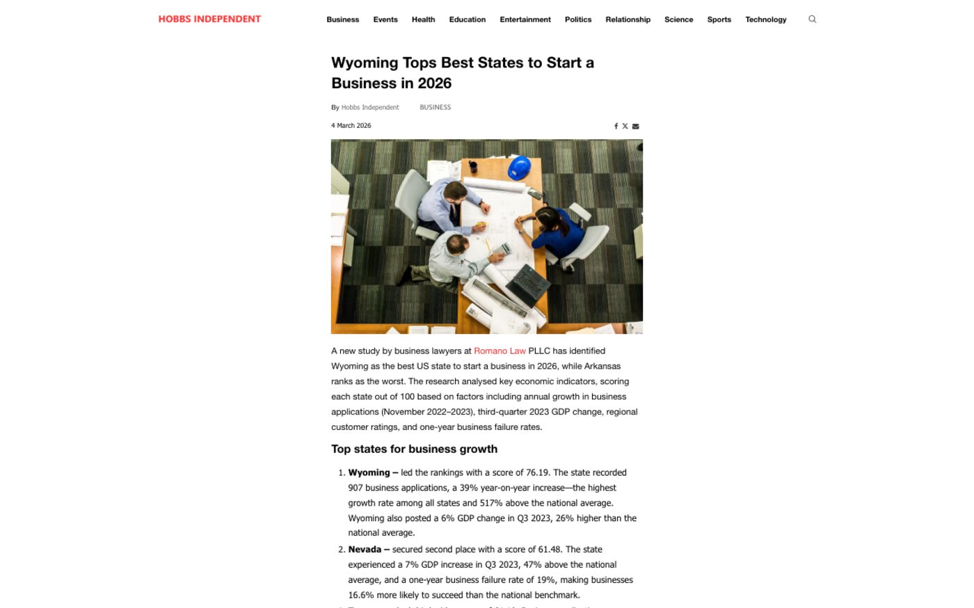 Wyoming Tops Best States to Start a Business in 2026 on Hobbs Independent