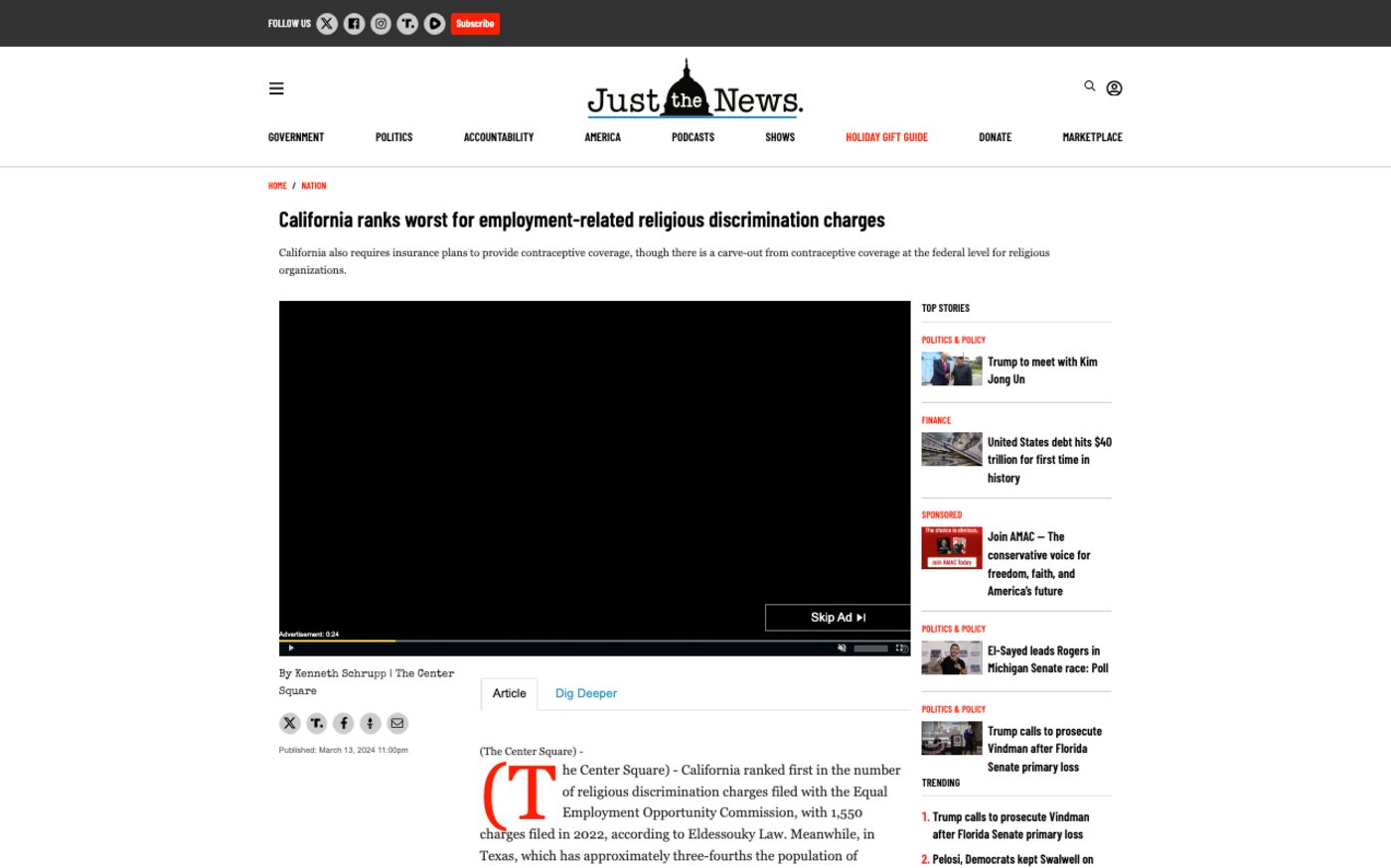 California ranks worst for employment-related religious discrimination charges on Just the News