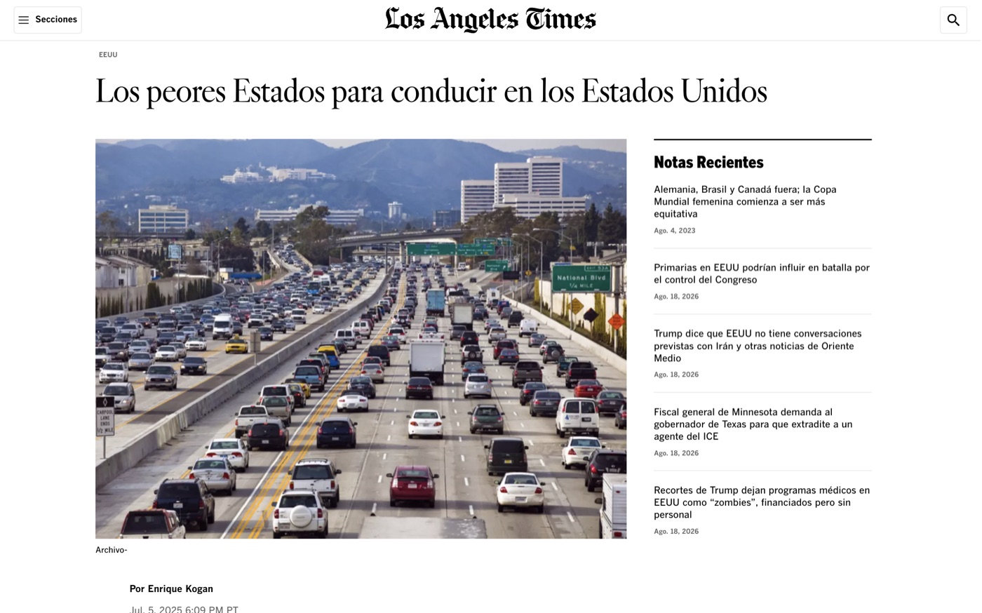 Los peores Estados para conducir en los Estados Unidos on Los Angeles Times