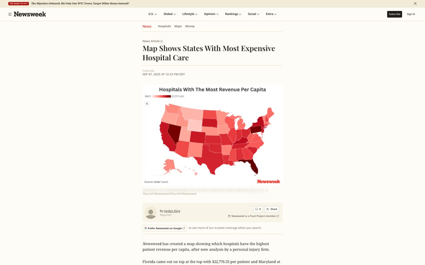 Map Shows States With Most Expensive Hospital Care on Newsweek
