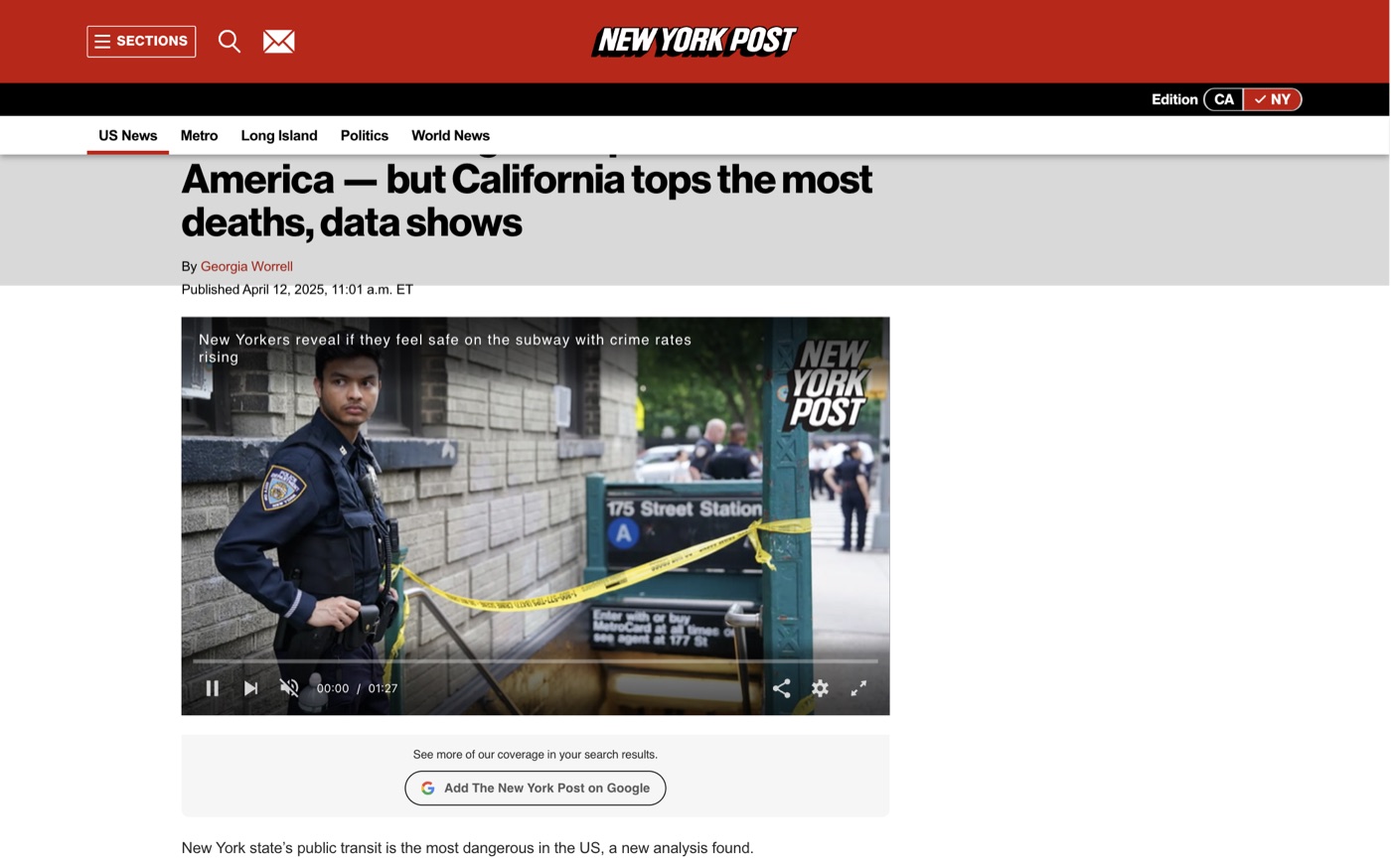 NY has most dangerous public transit in America on New York Post