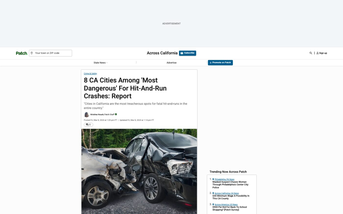 8 CA Cities Among 'Most Dangerous' For Hit-And-Run Crashes: Report on Patch