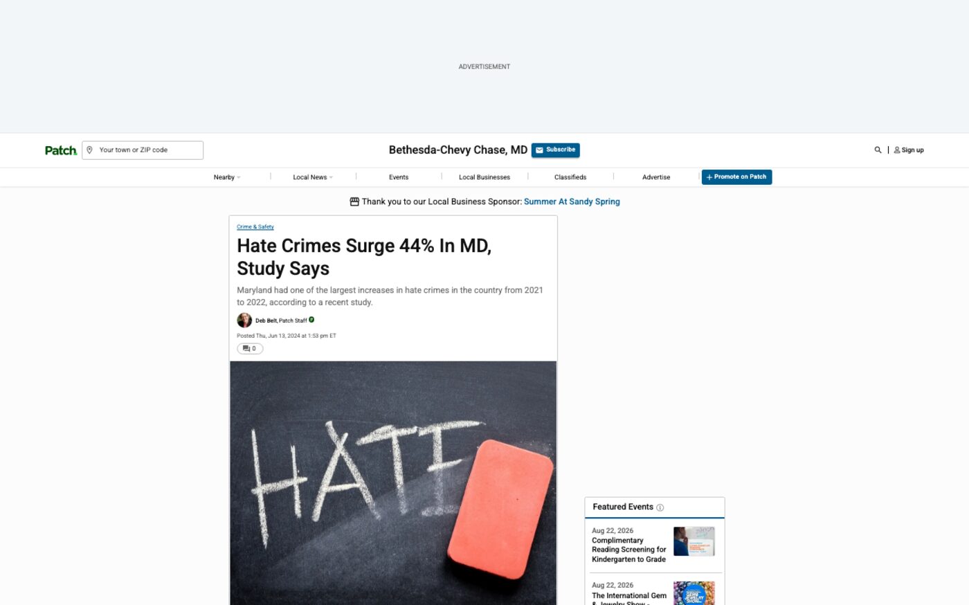 Hate Crimes Surge 44% In MD, Study Says on Patch