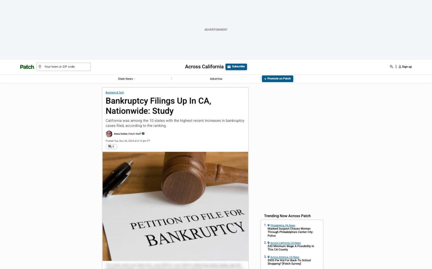 Bankruptcy Filings Up In CA, Nationwide: Study on Patch