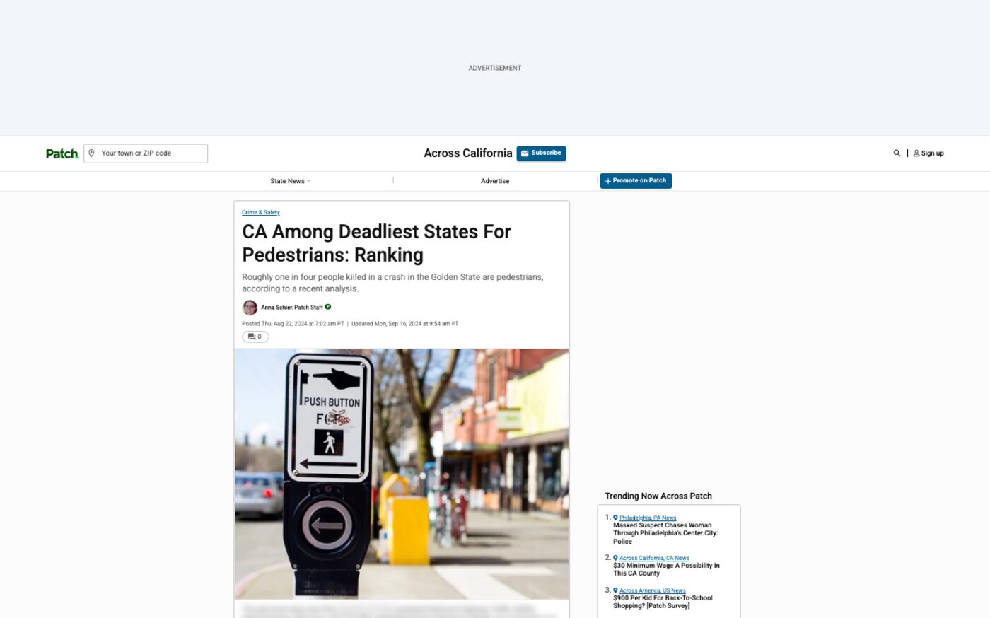 CA Among Deadliest States For Pedestrians: Ranking on Patch