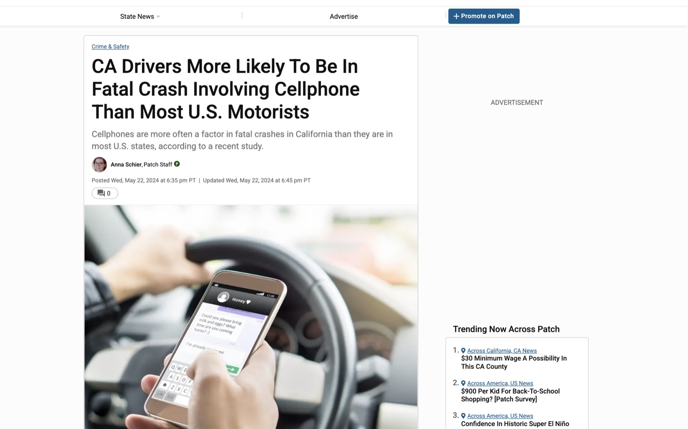 CA Drivers More Likely To Be In Fatal Crash Involving Cell Than Most on Patch
