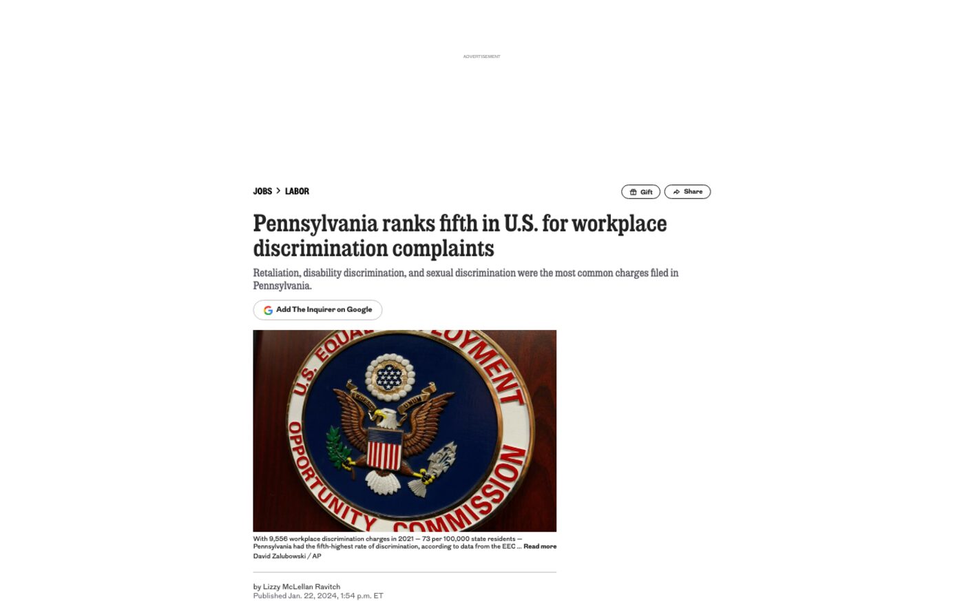 PA ranks 5th for EEOC workplace discrimination charges on The Philadelphia Inquirer