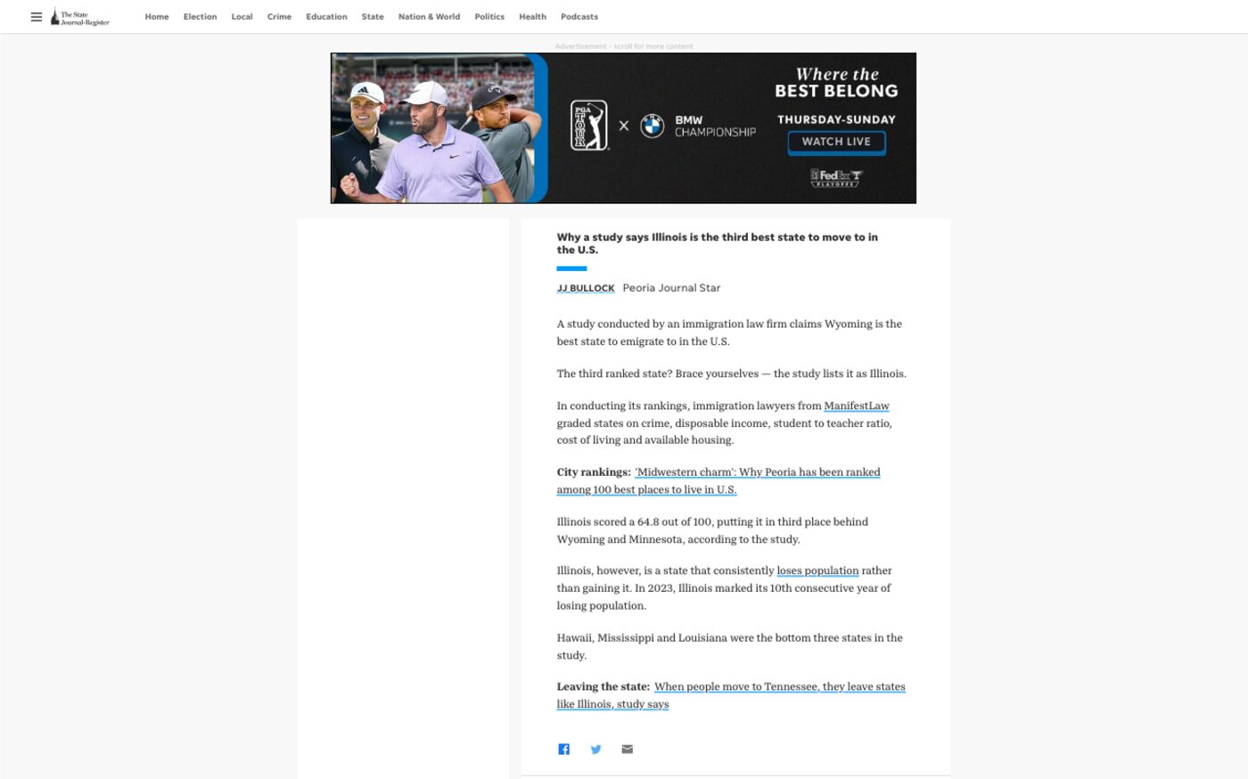 Illinois is 3rd best state to move to, study claims on The State Journal-Register