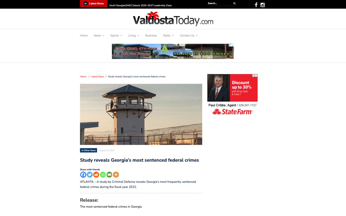 Study reveals Georgia's most sentenced federal crimes on Valdosta Today