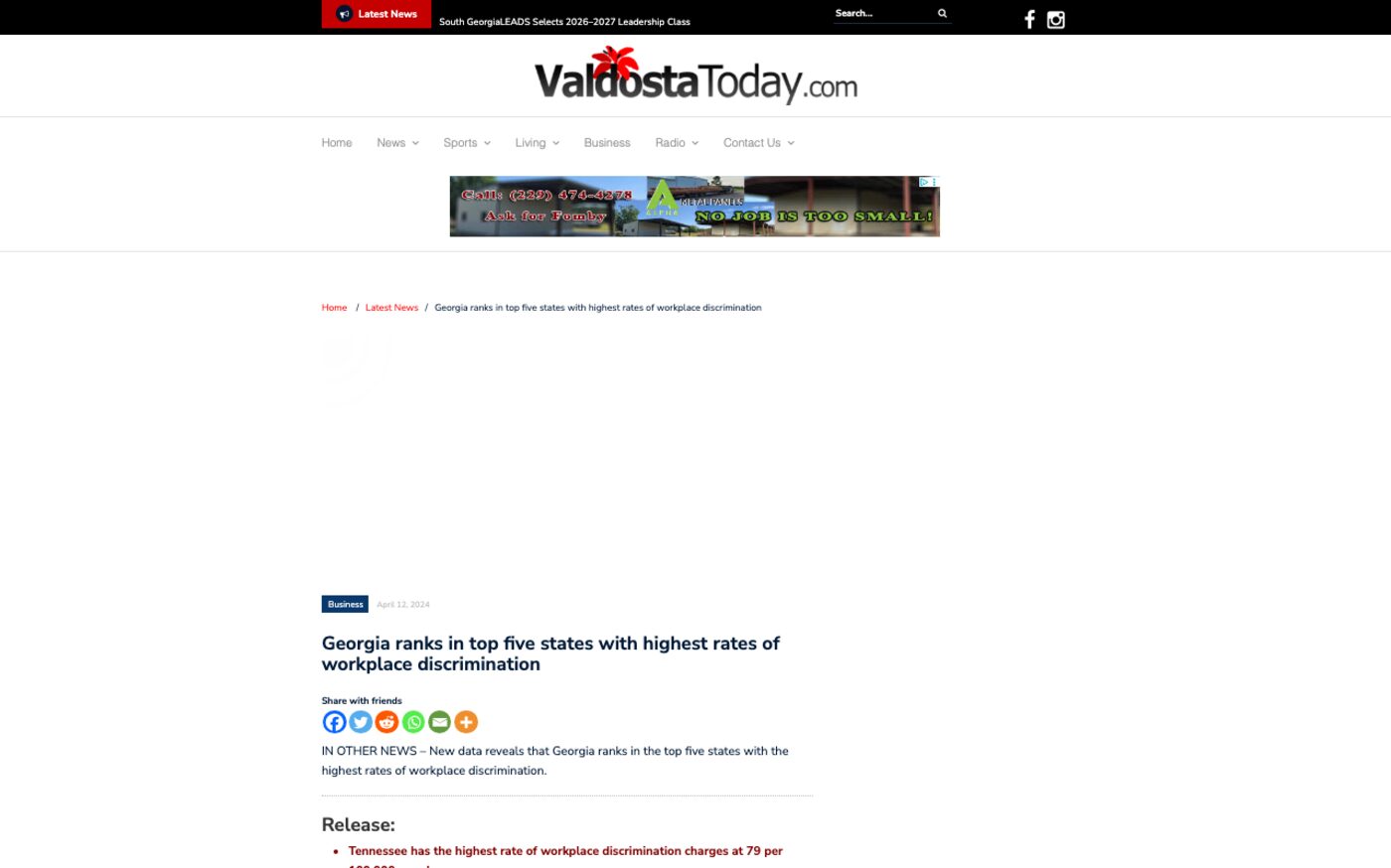 Georgia ranks in top five states with highest rates of workplace discrimination on Valdosta Today