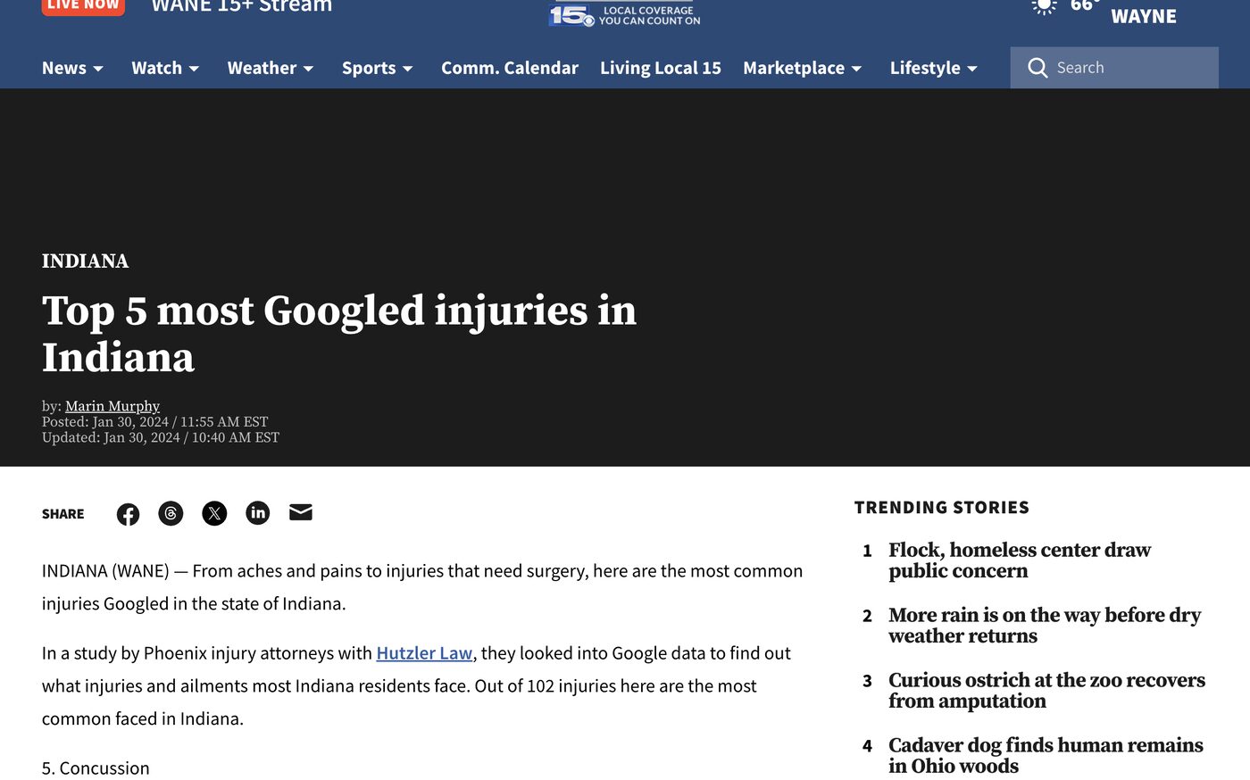 Top 5 most Googled injuries in Indiana on WANE 15