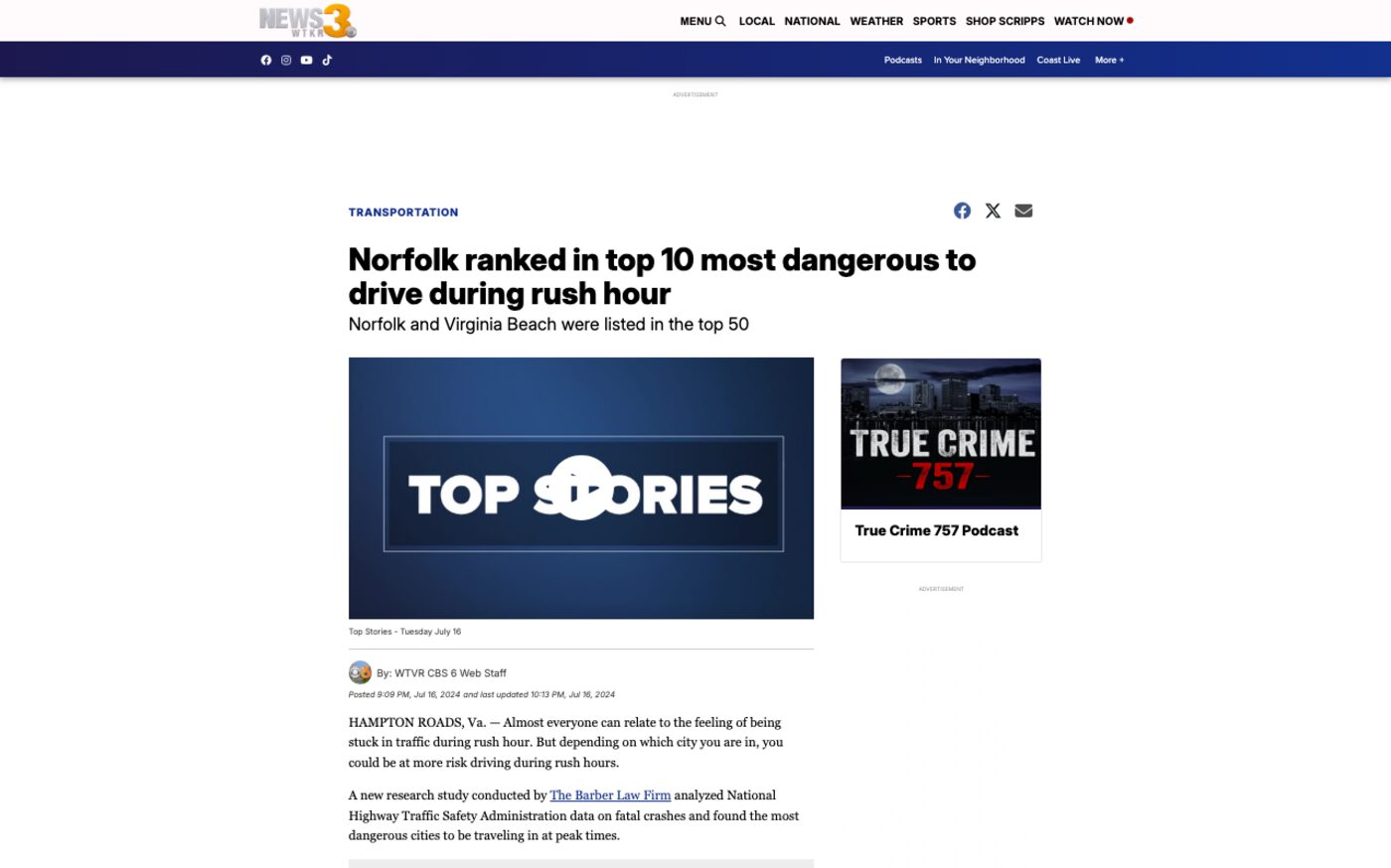 Norfolk ranked in top 10 most dangerous to drive during rush hour on WTKR News 3
