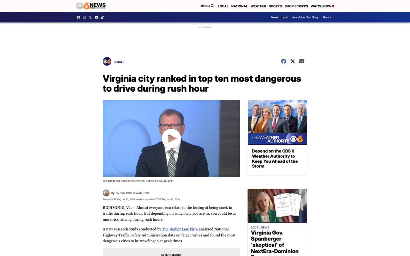 Virginia city ranked in top ten most dangerous to drive during rush hour on WTVR CBS 6