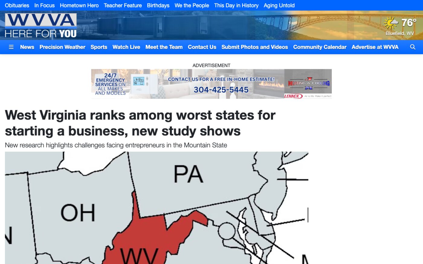 West Virginia ranks among worst states for starting business, new study shows on WVVA